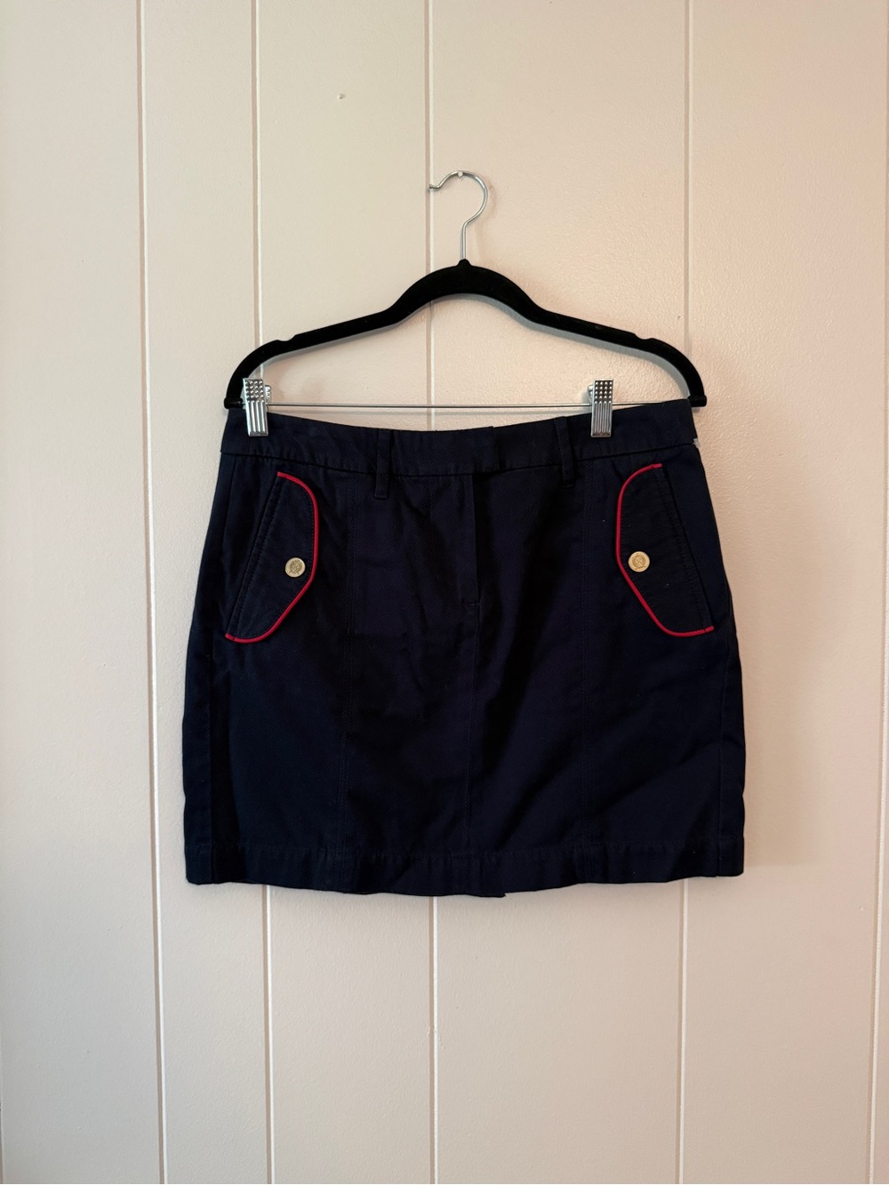 Tommy Hilfiger Navy Mini Skirt with Red Trim and Gold Buttons